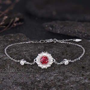 Vintage Nature Inspired Jewelry Sunflower Bracelet Delicate Round Cut Ruby Bracelet Art Deco 14k Rose Gold Floral Three Stone Bracelet Women