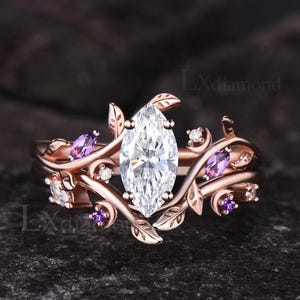 5x10mm Marquise Cut Lab Grown Diamond Engagement Ring Set 14k Rose Gold Leaf Vine Moon Ring Amethyst Accent Nature Inspired Bridal Jewelry