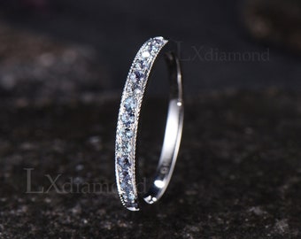 Milgrain ronde alexandriet trouwring vintage juni geboortesteen alexandriet trouwring witgoud 925 sterlingzilver halve eeuwigheid band