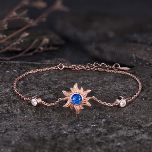 Dainty Round Cut Blue Opal Bracelet Unique 14k Rose Gold Sun Bracelet Art Deco Sunburst Celestial Jewelry Three Stone Anniversary Bracelet