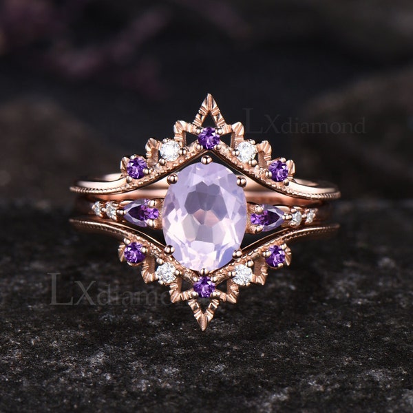 Vintage Oval February Birthstone Natural Lavender Amethyst Engagement Ring Set Milgrain 14k Rose Gold Purple Crystal 3pcs Bridal Ring Set