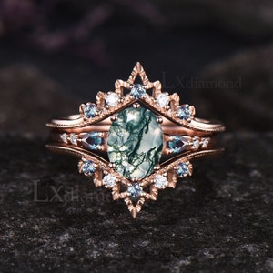 Ensemble de bagues de fiançailles en agate mousse naturelle de coupe ovale vintage, pierre de naissance millegrain, juin, alliance en alexandrite, ensemble de 3 bagues de mariée en agate verte