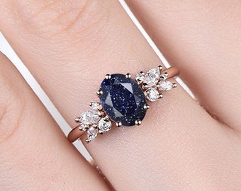 Anillo ovalado de arenisca azul 925 anillo de plata de ley anillo de compromiso de arenisca azul anillo de compromiso de racimo único vintage anillo de aniversario