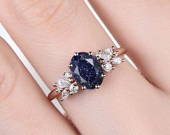 Oval blue sandstone ring 925 sterling silver ring blue sandstone engagement ring vintage unique cluster engagement ring anniversary ring