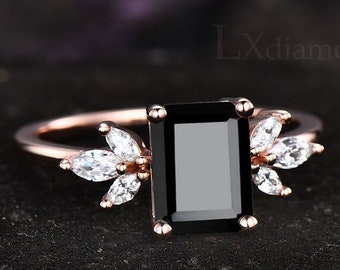 Anillo de ónix negro de corte esmeralda 925 anillo de plata de ley racimo único anillo de compromiso de ónix negro oro rosa vermeil anillo de boda nupcial mujeres