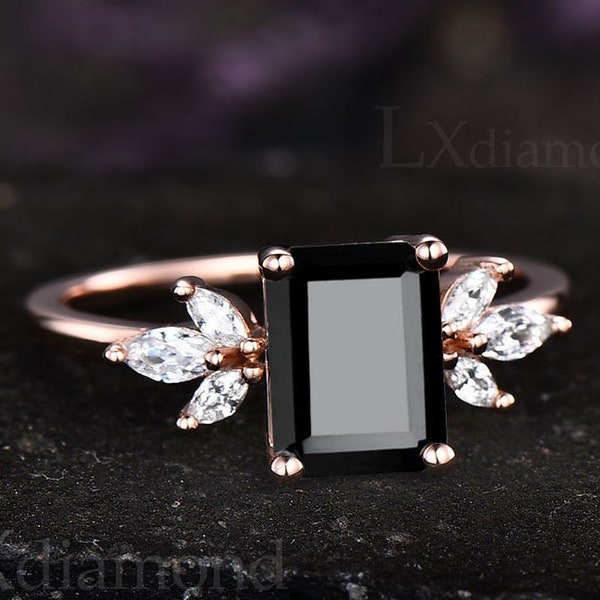 Emerald cut black onyx ring 925 sterling silver ring cluster unique black onyx engagement ring rose gold vermeil bridal wedding ring women