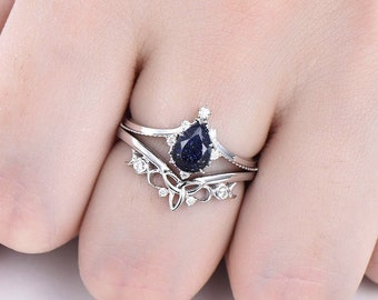 Birnenförmiger blauer Sandstein Ring Set blauer Sandstein Verlobungsring Set Weißgold Silber Cluset Unikat Verlobungsring Diamant ring Damen