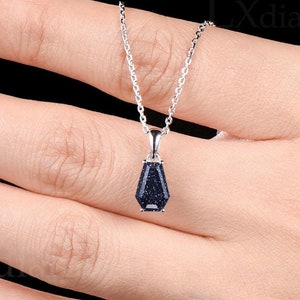 Art Deco Coffin Cut Blue Sandstone Solitaire Necklace Unique 14k White Gold 925 Sterling Silver Pendant Blue Gemstone Galaxy Healing Jewelry