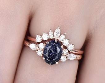 Vintage oval cut blue sandstone ring gold silver blue sandstone engagement ring set unique engagement ring moissanite twisted wedding ring