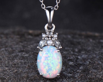 Delicate Oval Cut Opal Engagement Necklace Aquamarine Pearl Cluster Pendant Minimalist 14k White Gold October Birthstone Wedding Chain Women
