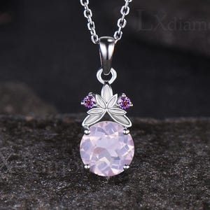 Dainty Round Cut Natural Lavender Amethyst Necklace Unique Leaf Floral Nature Inspired Pendant Art Deco February Birthstone Amethyst Pendant