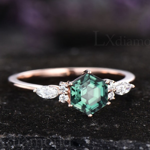 Hexagon cut green sapphire ring vintage teal sapphire ring unique engagement ring 925 sterling silver ring wedding ring anniversary gifts