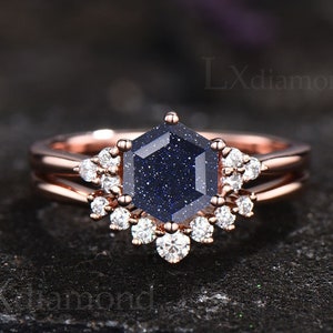 Blue sandstone ring rose gold sterling silver unique Hexagon cut blue sandstone engagement ring set minimalist moissanite bridal ring set