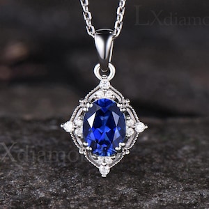 Delicate Oval Cut Blue Sapphire Necklace Milgrain Lace Pendant Vintage 14k White Gold September Birthstone Blue Gemstone Promise Necklace