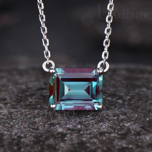Delicate Emerald Cut June Birthstone Alexandrite Necklace Unique Color Change Stone Alexandrite Solitaire Pendant East To West Necklace