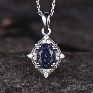 Minimalistiskt galaxigt ovalt skuret blått sandstenshalsband Milgrain 14k vitguld Moissanithänge Vintage blå ädelsten Läkande smycken för kvinnor