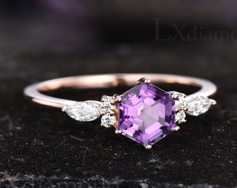 Hexagon cut purple amethyst ring vintage unique amethyst engagement ring 925 sterling silver ring bridal wedding ring anniversary gifts