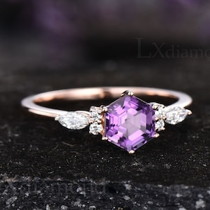 Hexagon cut purple amethyst ring vintage unique amethyst engagement ring 925 sterling silver ring bridal wedding ring anniversary gifts