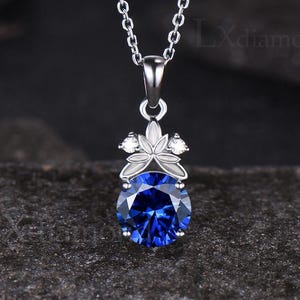 Unique Leaf Nature Inspired Necklace Art Deco 2ct 8mm Round Cut Blue Sapphire Necklace Dainty 14k White Gold Moissanite Three Stone Pendant