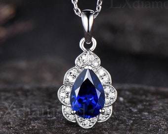 Collar delicado de zafiro azul en forma de lágrima, colgante único de moissanita con halo, minimalista, piedra natal de septiembre, collar de zafiro azul para mujer.