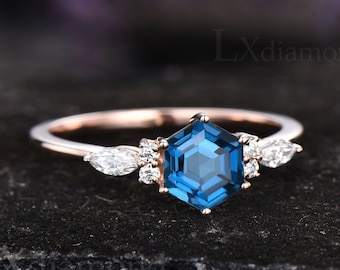 Hexagon cut London blue topaz ring 925 sterling silver rose gold plated unique engagement ring wedding ring December birthstone ring gifts
