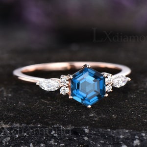 Hexagon cut London blue topaz ring 925 sterling silver rose gold plated unique engagement ring wedding ring December birthstone ring gifts