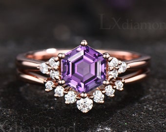 Hexagon cut amethyst ring set vintage unique purple amethyst engagement ring set rose gold silver moissanite anniversary ring set for women
