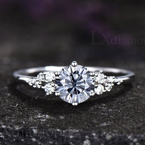 1ct Round cut Gray moissanite ring vintage unique snowdrift engagement ring women white gold sterling silver diamond ring promise ring her
