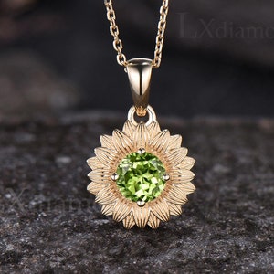 Unique Nature Inspired Sunflower Necklace Delicate 14k Yellow Gold Round Cut Natural Peridot Necklace August Birthstone Solitaire Pendant