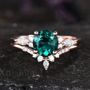 Round emerald ring for women vintage Green emerald engagement ring set 925 sterling silver rose gold plated ring Anniversary ring gifts