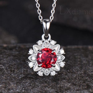 Minimalist Round Cut Ruby Necklace Unique 14k White Gold Moissanite Halo Pendant Vintage July Birthstone Starry Necklace Birthday Gift Women