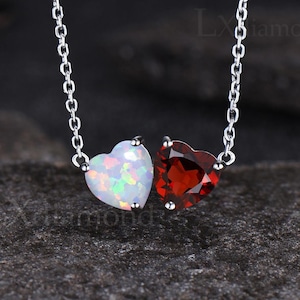 Delicate Heart Cut January Birthstone Natural Garnet Necklace Minimalist October Birthstone Opal Two Stone Pendant 14k White Gold Necklace