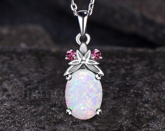 Unique Oval Cut October Birthstone Opal Necklace Dainty Natural Pink Tourmaline Three Stone Pendant Art Deco Leaf Nature Inspired Necklace