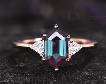 Long hexagon cut Alexandrite ring three stone unique engagement ring 14k rose gold dainty Minimalist moissanite bridal wedding ring women