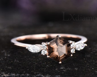 Brown smoky quartz ring Hexagon cut ring unique smoky quartz engagement ring 925 sterling silver ring vintage ring wedding ring women gifts