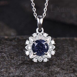 Galaxy Round Cut Blue Sandstone Necklace Unique Healing Jewelry Moissanite Halo Pendant Art Deco 14k White Gold Blue Gemstone Necklace Women