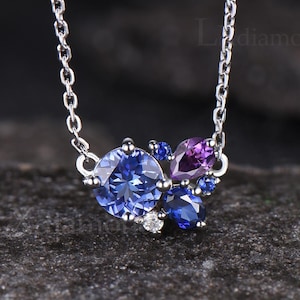 Minimalist Round Cut Natural Tanzanite Wedding Necklace Dainty Blue Sapphire Amethyst Cluster Pendant Art Deco December Birthstone Necklace
