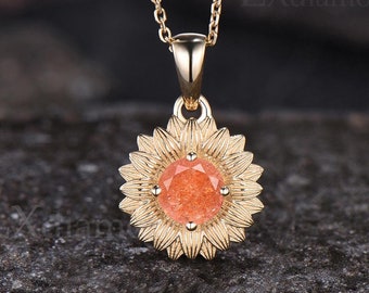 Minimalist Round Cut Natural Sunstone Engagement Necklace Orange Gemstone Solitaire Pendant Art Deco Nature Inspired Sunflower Necklace