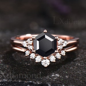 Black Onyx ring rose gold sterling silver vintage Hexagon cut black onyx engagement ring set 6 prong moissanite ring bridal ring set women