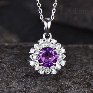 Dainty 1ct Round Cut Natural Amethyst Engagement Necklace Unique Moissanite Halo Pendant February Birthstone Purple Crystal Bridal Necklace