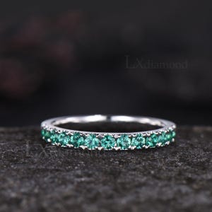 Minimalist Round Emerald Wedding Band Dainty Delicate Half Eternity Wedding Ring Unique May Birthstone Stacking Band