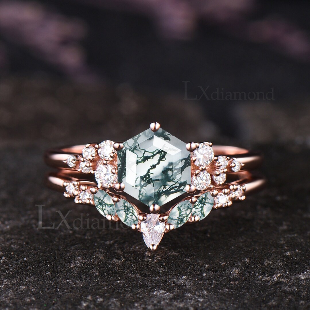 Unique Natural Moss Agate Engagement Ring Set Vintage Hexagon Green ...