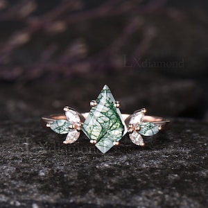 Kite Cut Green Moss Agate Engagement Ring Set Unique Marquise Natural Green Gemstone Cluster Ring 925 Sterling Silver 2pcs Bridal Ring Set 1pc Engagement Ring