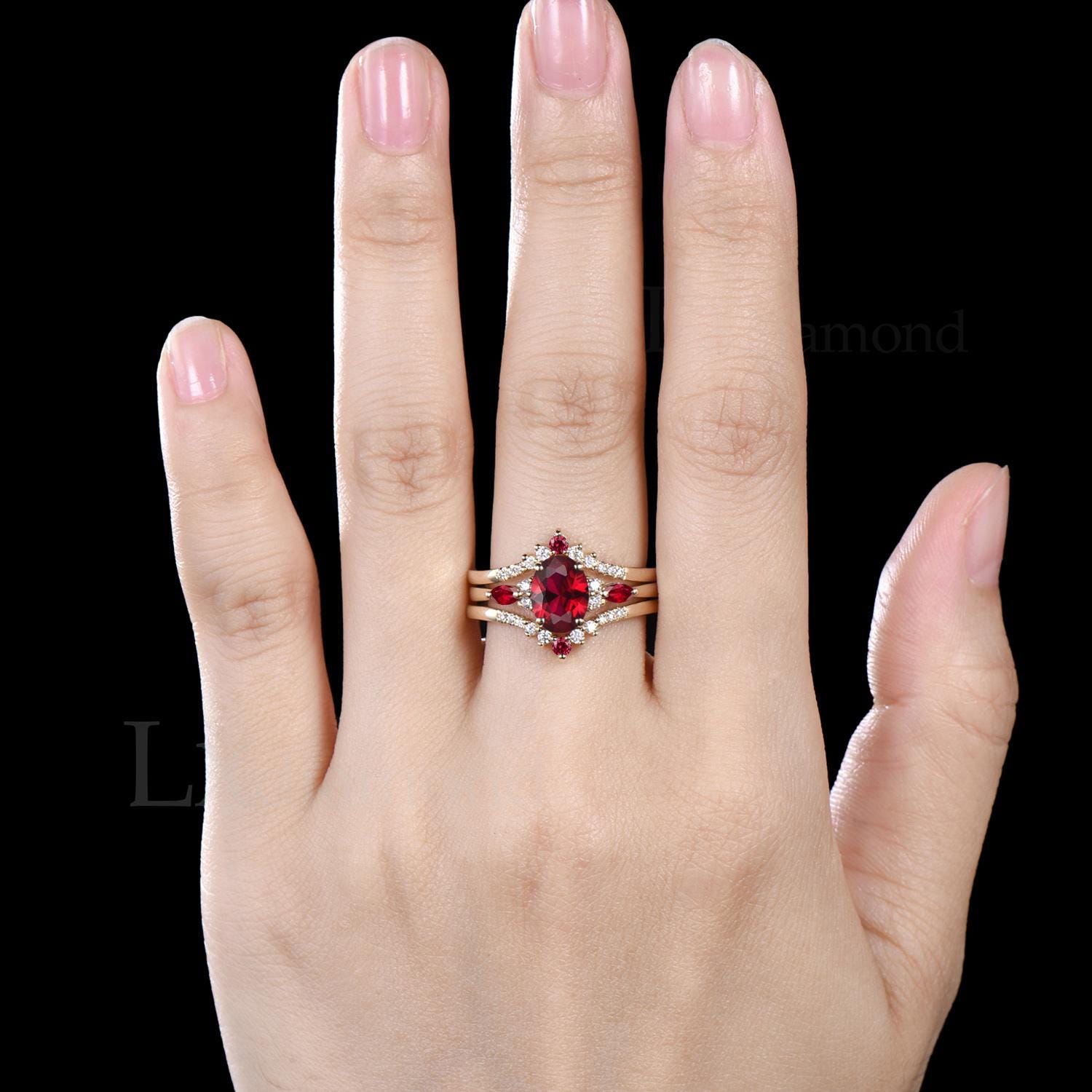 Delicate Oval Cut July Birthstone Ruby Engagement Ring Set Unique 14k ...