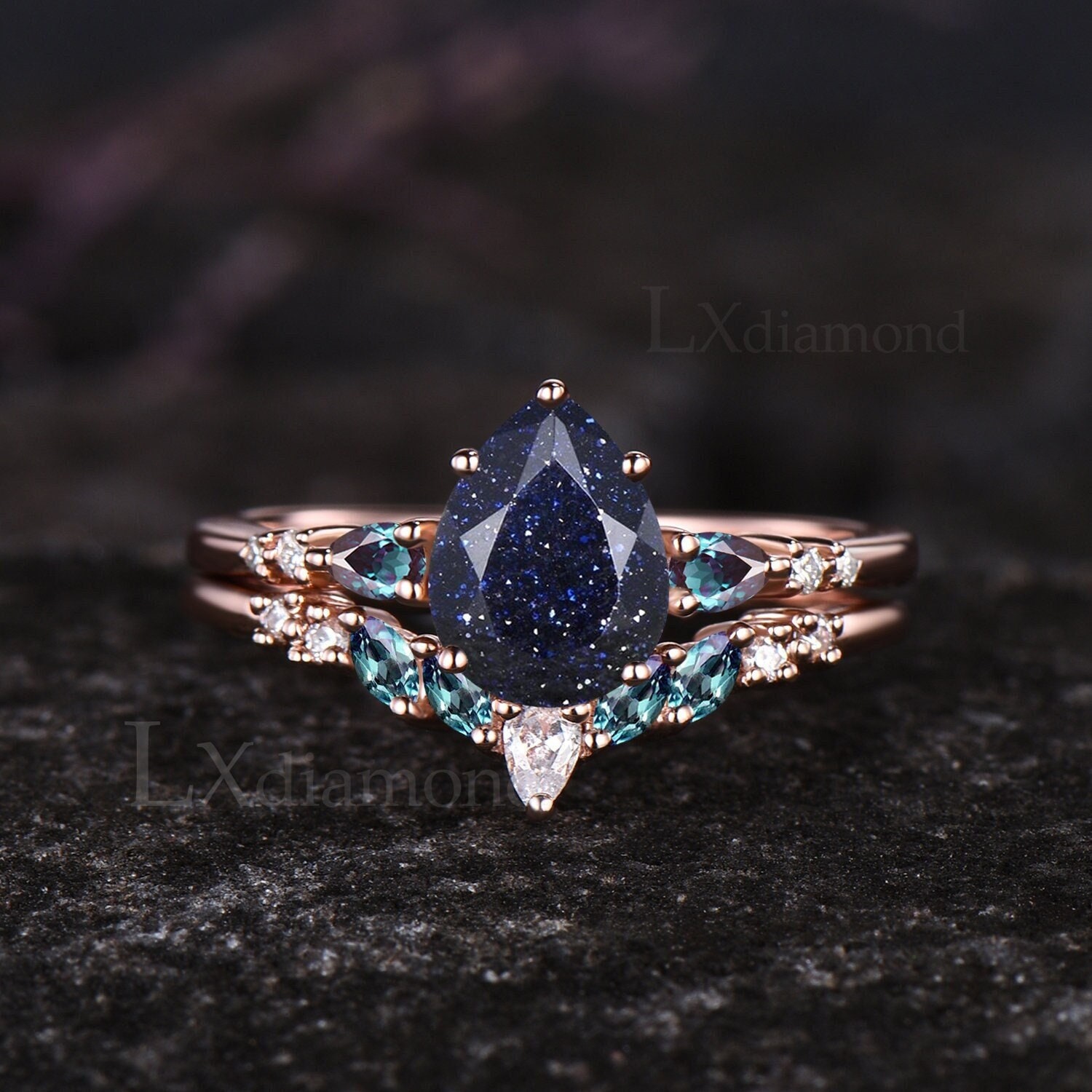 Galaxy Pear Cut Blue Sandstone Engagement Ring Set Unique June