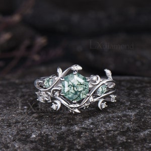 Art Deco Leaf Nature Inspired Engagement Ring Set Hexagon Cut Natural