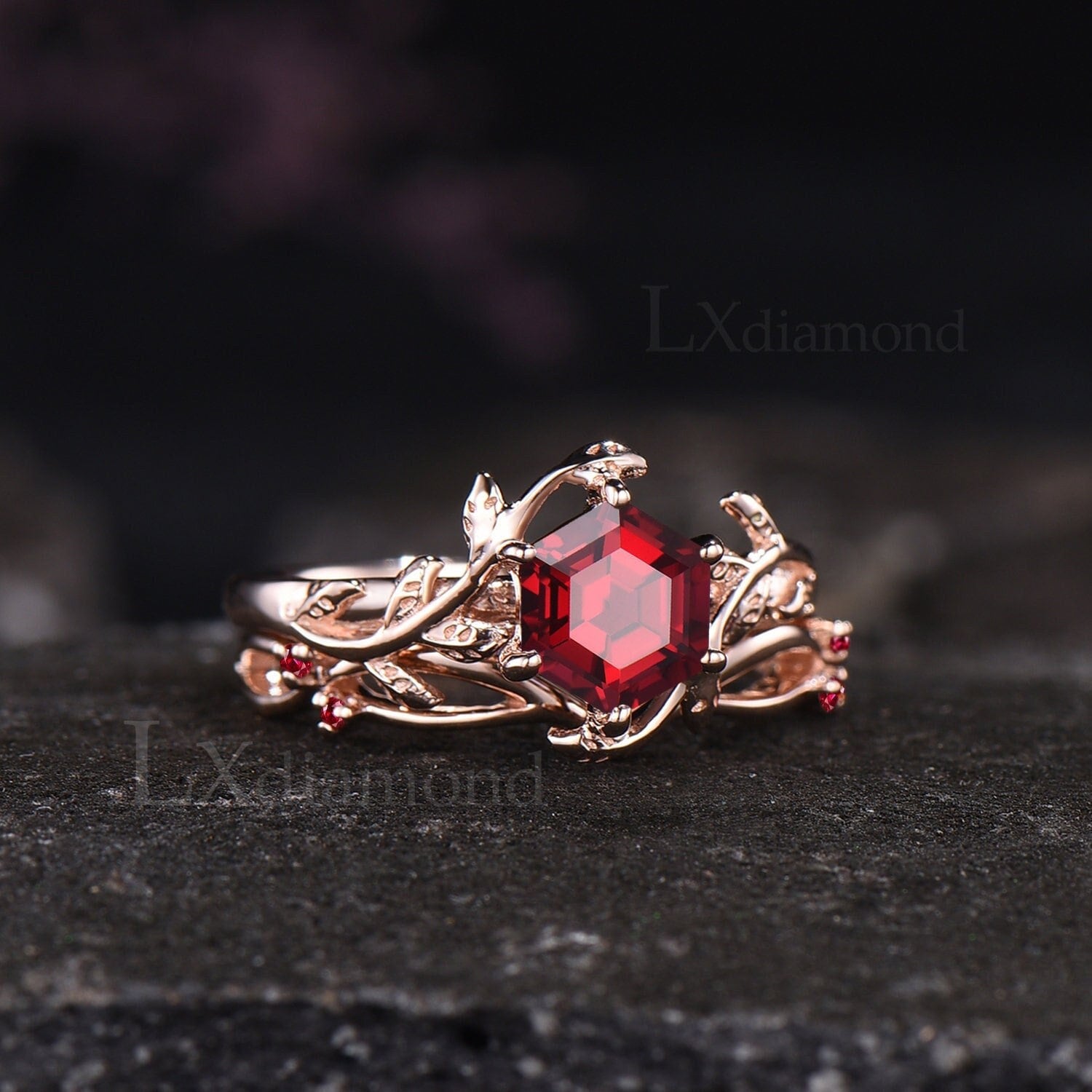 Unique Leaf Nature Inspired Ring Vintage Hexagon Ruby