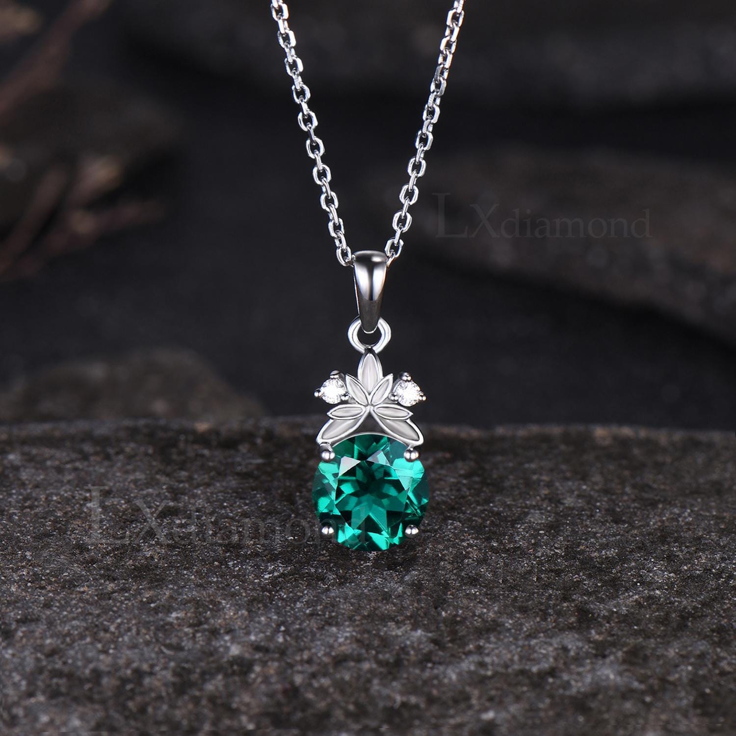 Art Deco Leaf Nature Inspired Wedding Necklace Unique 8mm Round Cut May Birthstone Emerald Necklace Dainty White Gold Three Stone Pendant