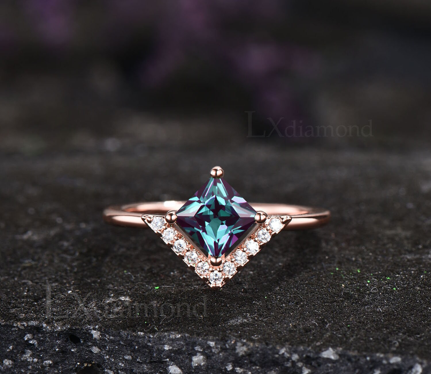 プリンセスカットのアレキサンドライトリングセット、ヴィンテージの