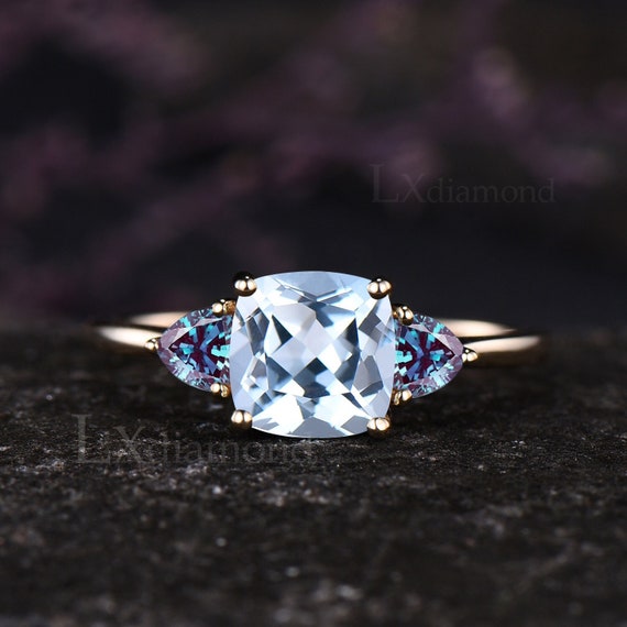 Unique Cushion Natural Aquamarine Engagement Ring Trillion Alexandrite  Three Stone Ring 14k Yellow White Gold March Birthstone Jewelry Gift